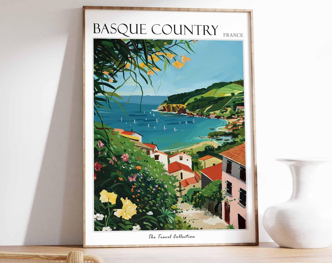 Basque Country France Flower Covered Blue Coastal Bay Poster