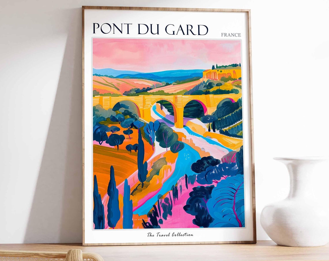 Pont du Gard France River Valley Colorful Expressionist Travel Poster