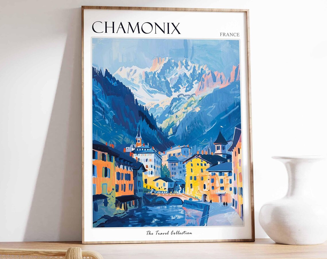 Chamonix France Alpine Town Snowy Peaks Valley Travel Poster