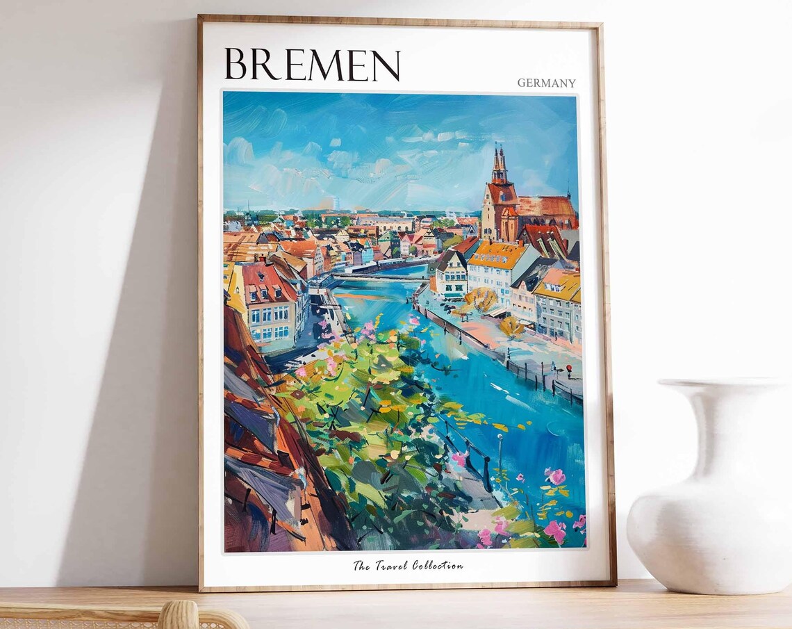 Bremen Germany Old Town River View Church Tower Travel Poster