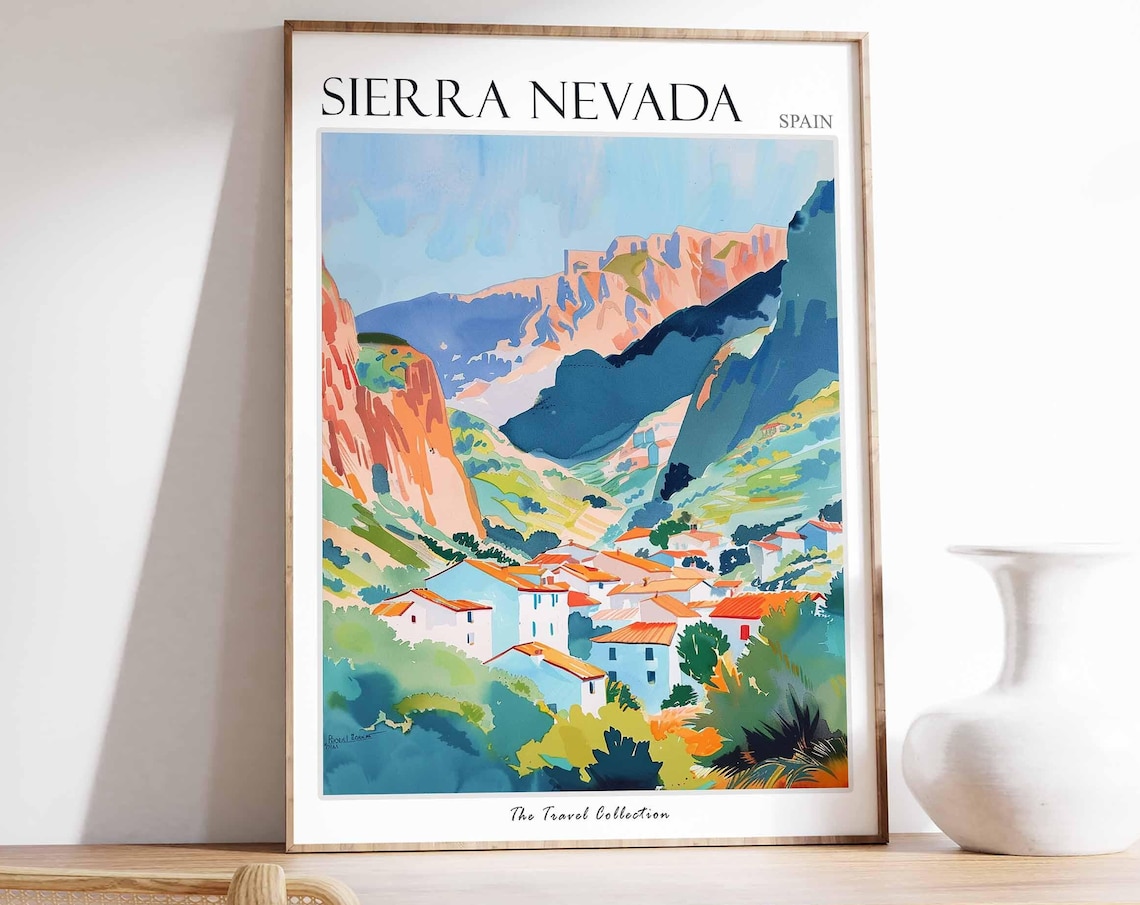 Sierra Nevada White Village Dramatic Rocky Peaks Spain Travel Poster