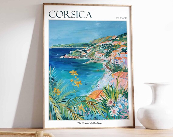 Corsica France Coastal Cliffs Village Mediterranean Travel Poster