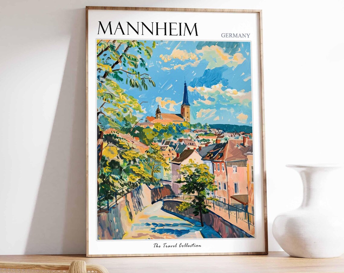 Mannheim Germany Sunlit Hillside Town Church Tower Summer Poster