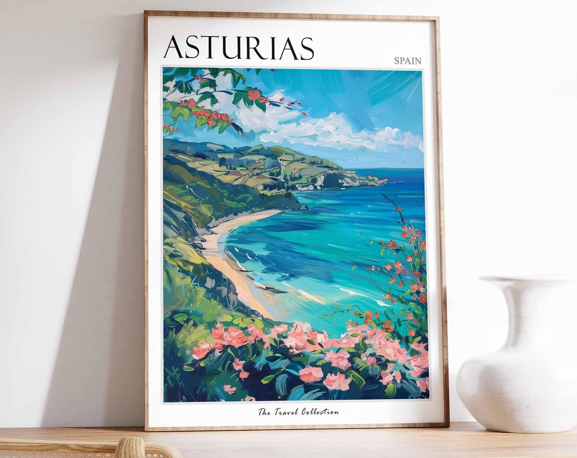 Asturias Spain Turquoise Bay Beach Painterly Coast Scene Poster
