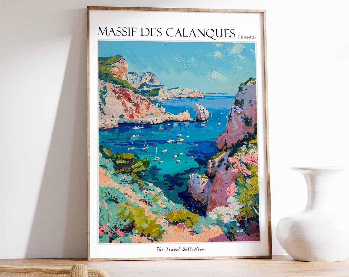 Massif Des Calanques Anchored Sailboats Bay Pink Cliff View Poster