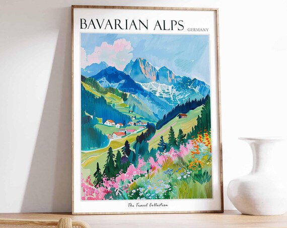 Bavarian Alps Poster Germany Travel Print German Decor Europe Travel Poster European Wall Art Bavarian Alps Travel Poster