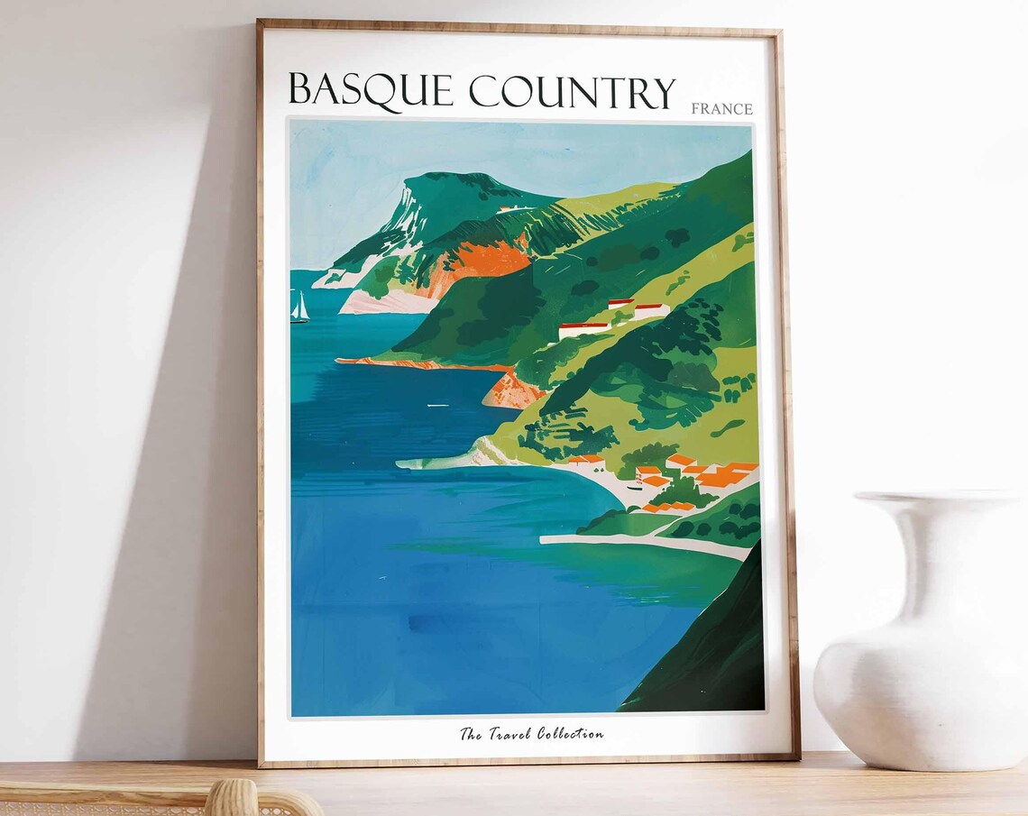 Basque Country France Green Headlands Bay Village Sailboat Poster