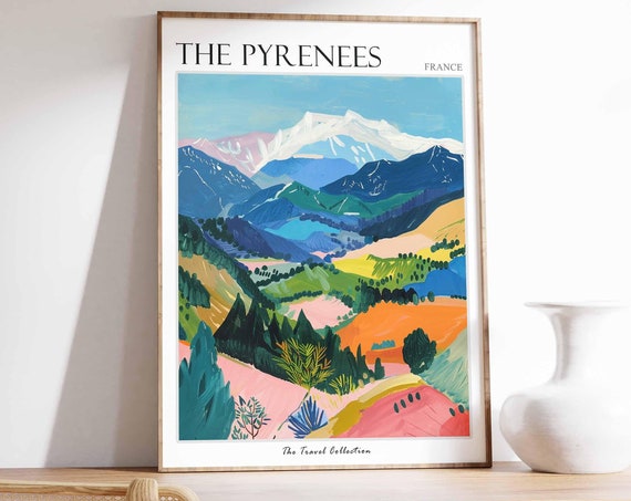 Pyrenees Vintage Travel Poster, France Mountain Print