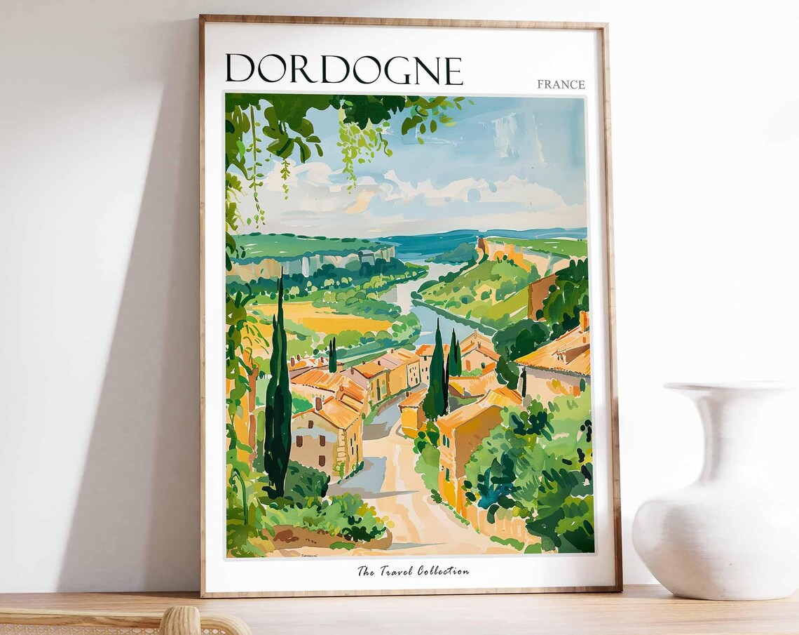 Dordogne France Village River Valley Vintage Style Travel Wall Poster