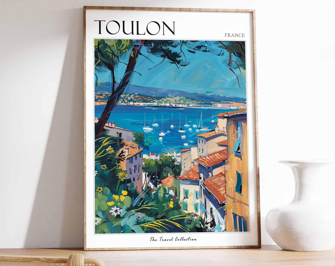 Toulon France Bay View Sailboats Painted Coastal Travel Poster
