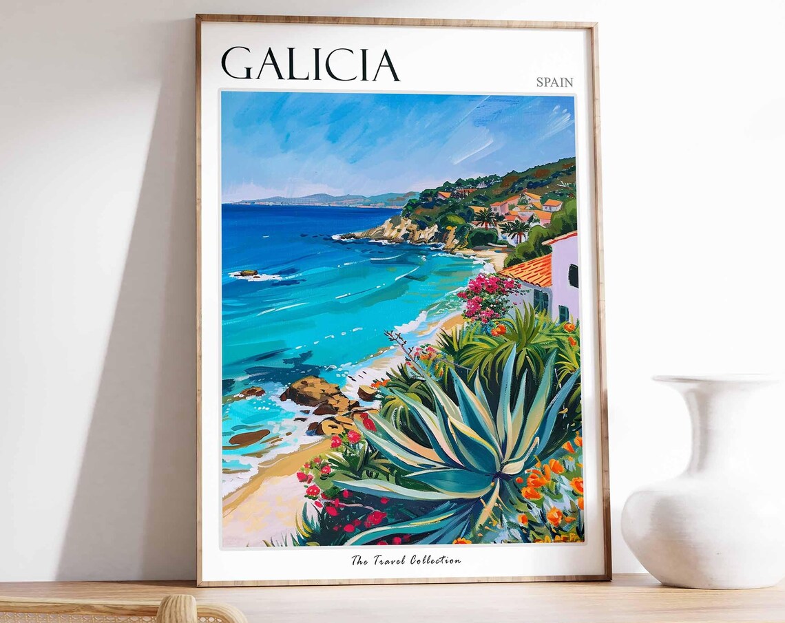 Galicia Rocky Coastline Blue Coves Wildflowers Spain Travel Poster