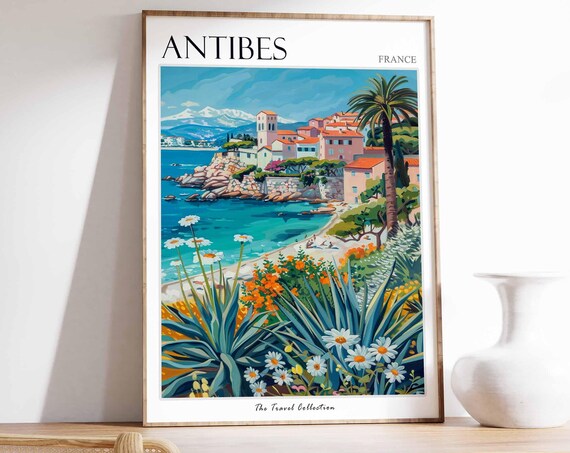 Antibes France Turquoise Cove Palm Trees and Wildflower Art Poster