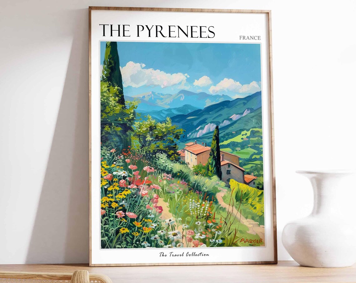 The Pyrenees France Wildflower Farmhouse Mountain View Travel Poster