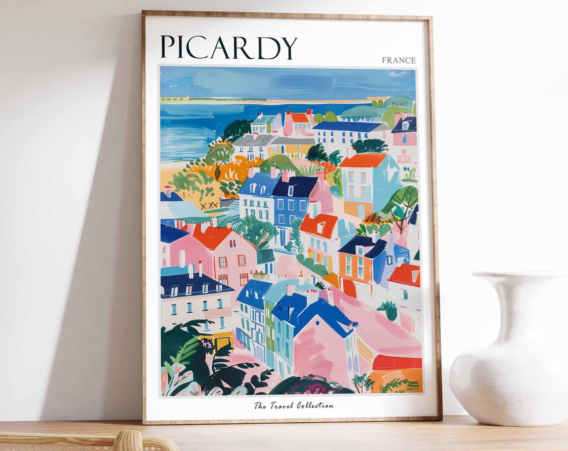 Picardy France Colorful Seaside Town Pastel Houses Travel Poster