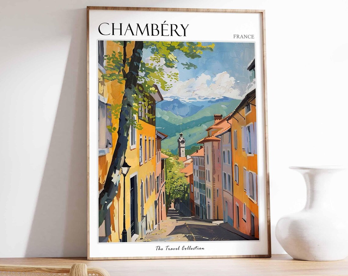 Chambery France Old Street Church Tower Mountain View Travel Poster
