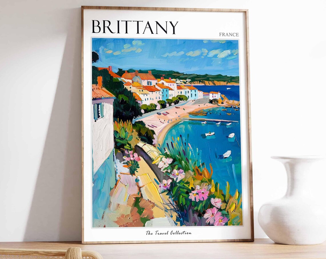 Brittany France Vibrant Coastal Village Harbor Painting Art Poster