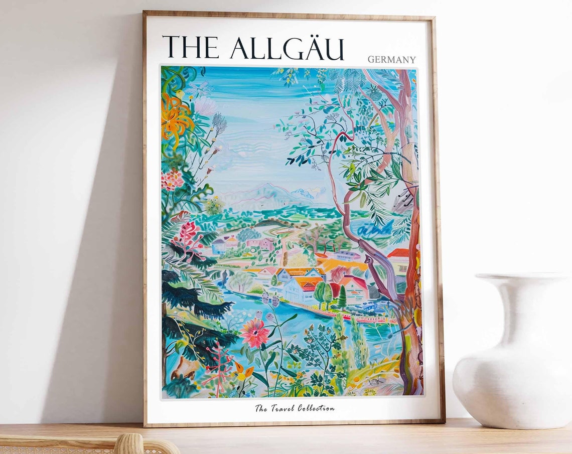 The Allgäu Germany Lakeside Village Painted Flowers Travel Poster