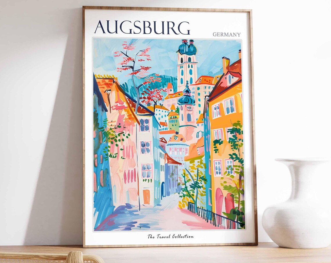 Augsburg Germany Old Town Street Church Towers Painting Poster