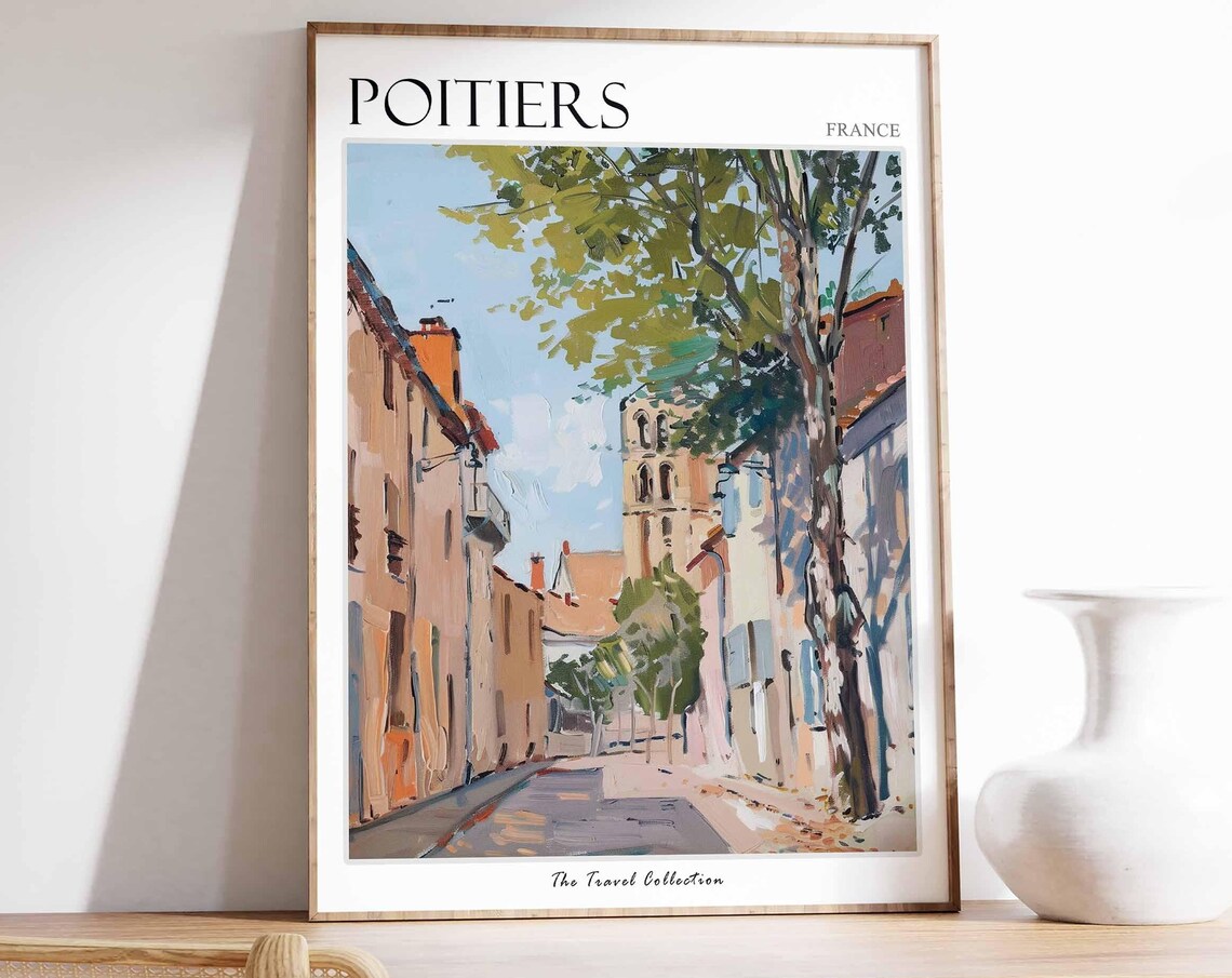 Poitiers France Quiet Old Street With Stone Church Tower Poster