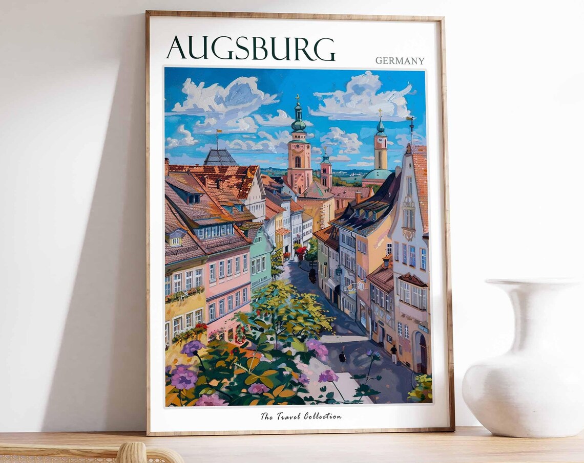 Augsburg Germany Old Town Street Colorful Houses Travel Poster
