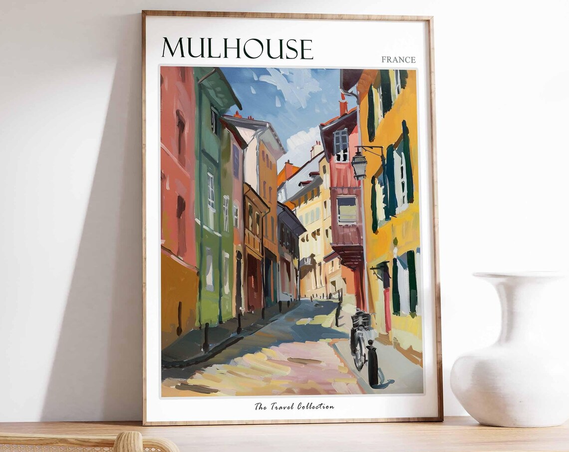 Mulhouse France Colorful Old Street Bicycle Scene Painted Poster