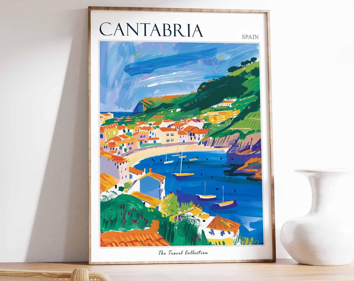 Cantabria Sunlit Bay Sailboats Old Town Coast Spain Travel Poster