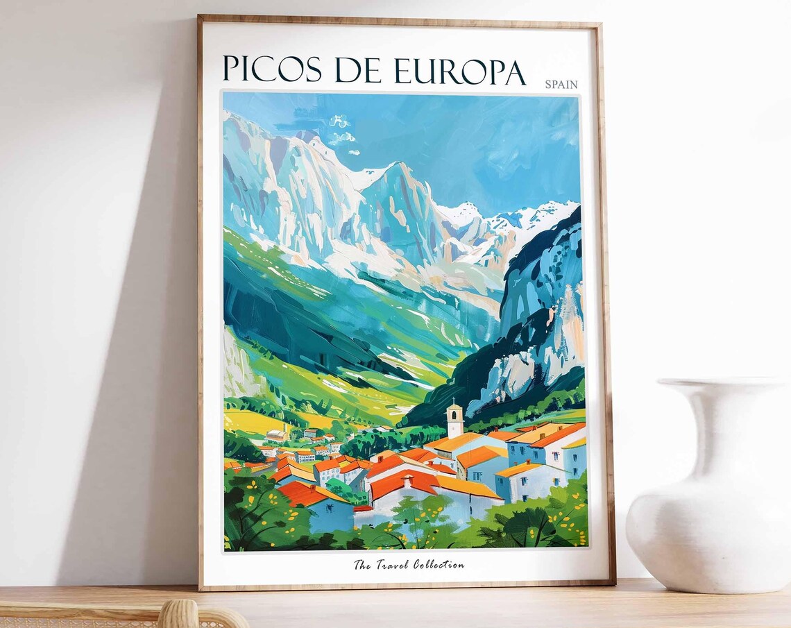 Picos de Europa Snowy Peaks Village Valley Spain Travel Poster