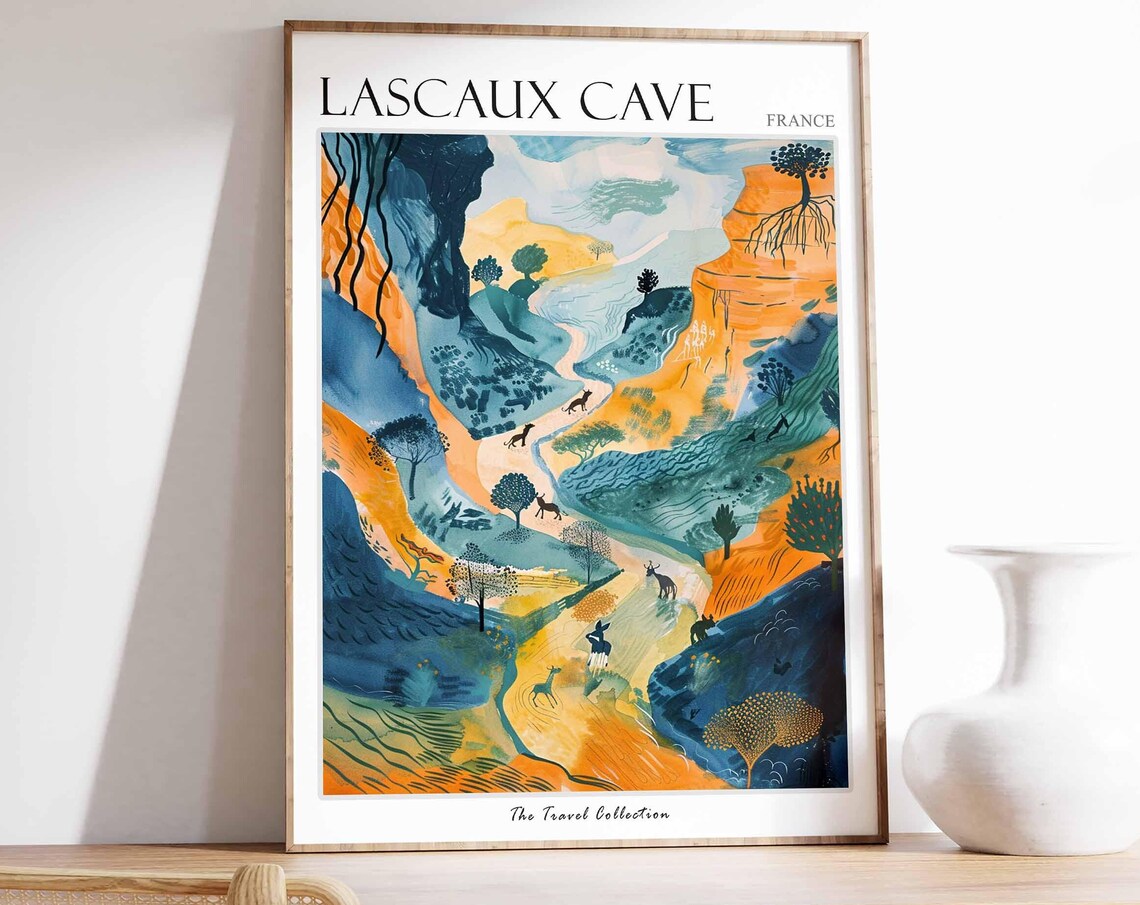 Lascaux Cave Canyon With Deer Silhouettes Blue Gold Art Poster