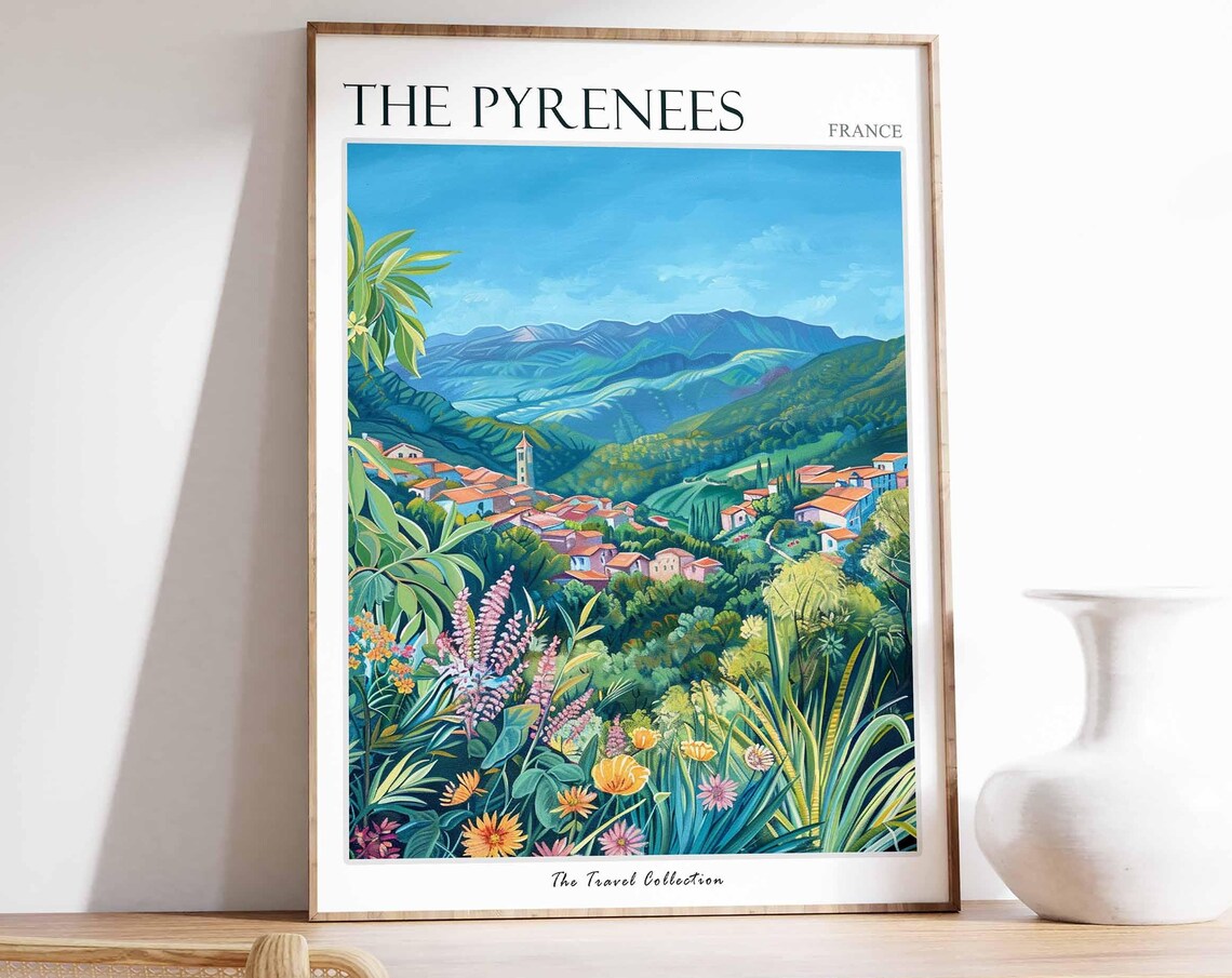 The Pyrenees France Mountain Village Wildflowers Painted Poster