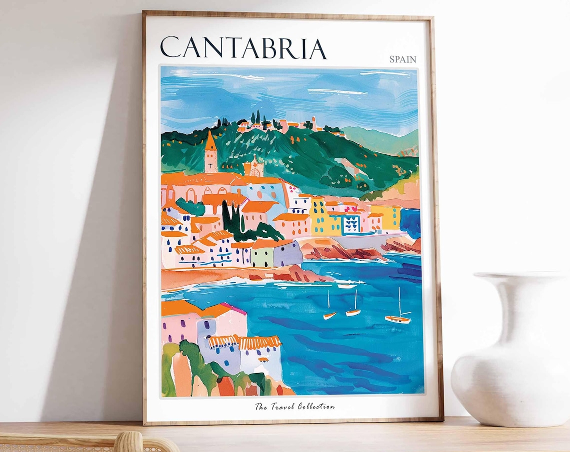 Cantabria Colorful Harbor Town Green Hillside Spain Travel Poster
