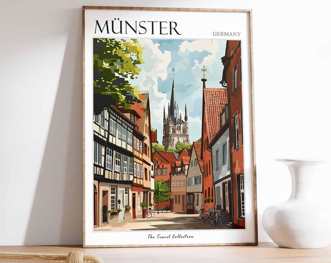 Munster Germany Old Town Street Church Spire Painted Travel Poster