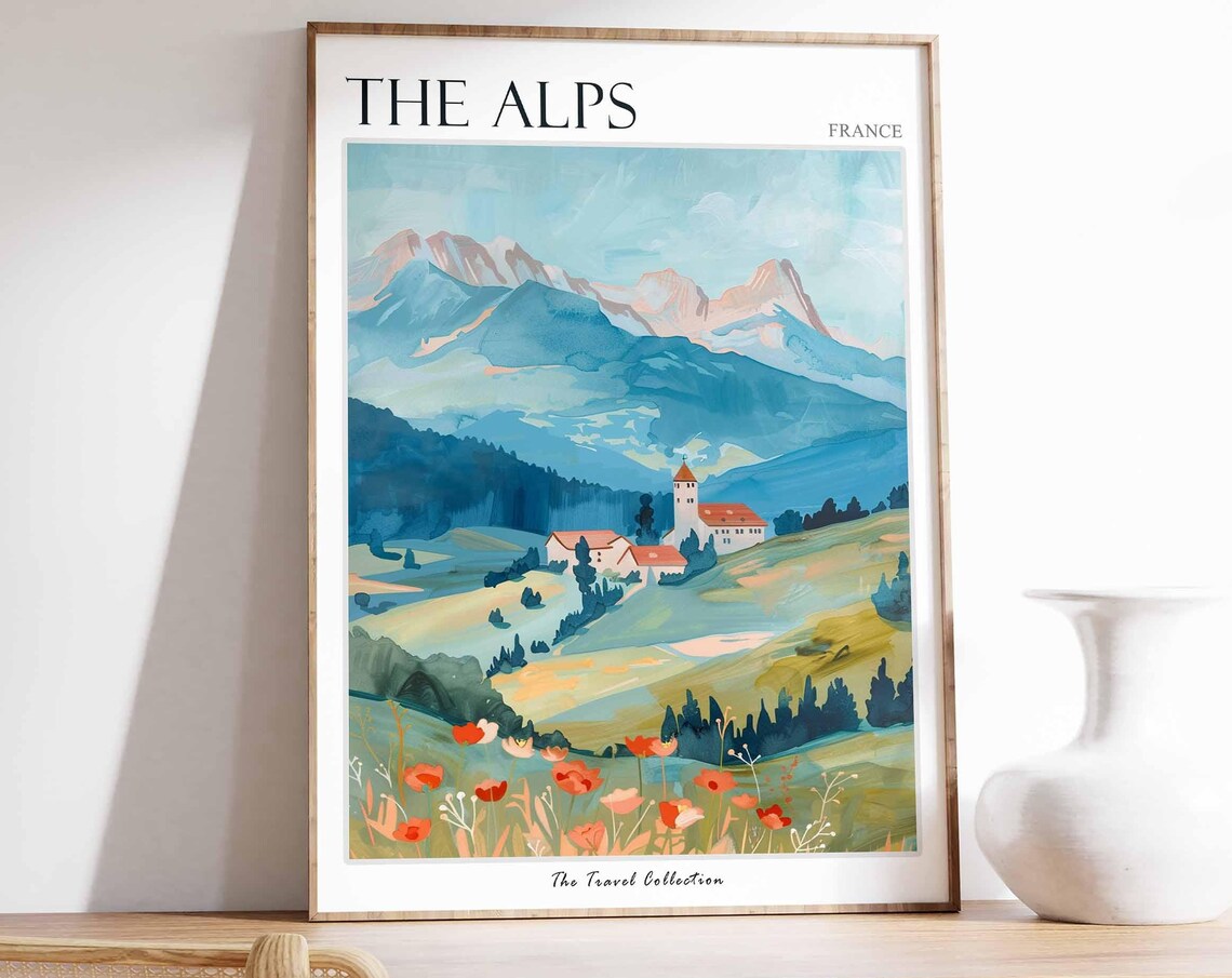 The Alps France Colorful Poppy Fields Mountain Village Travel Poster