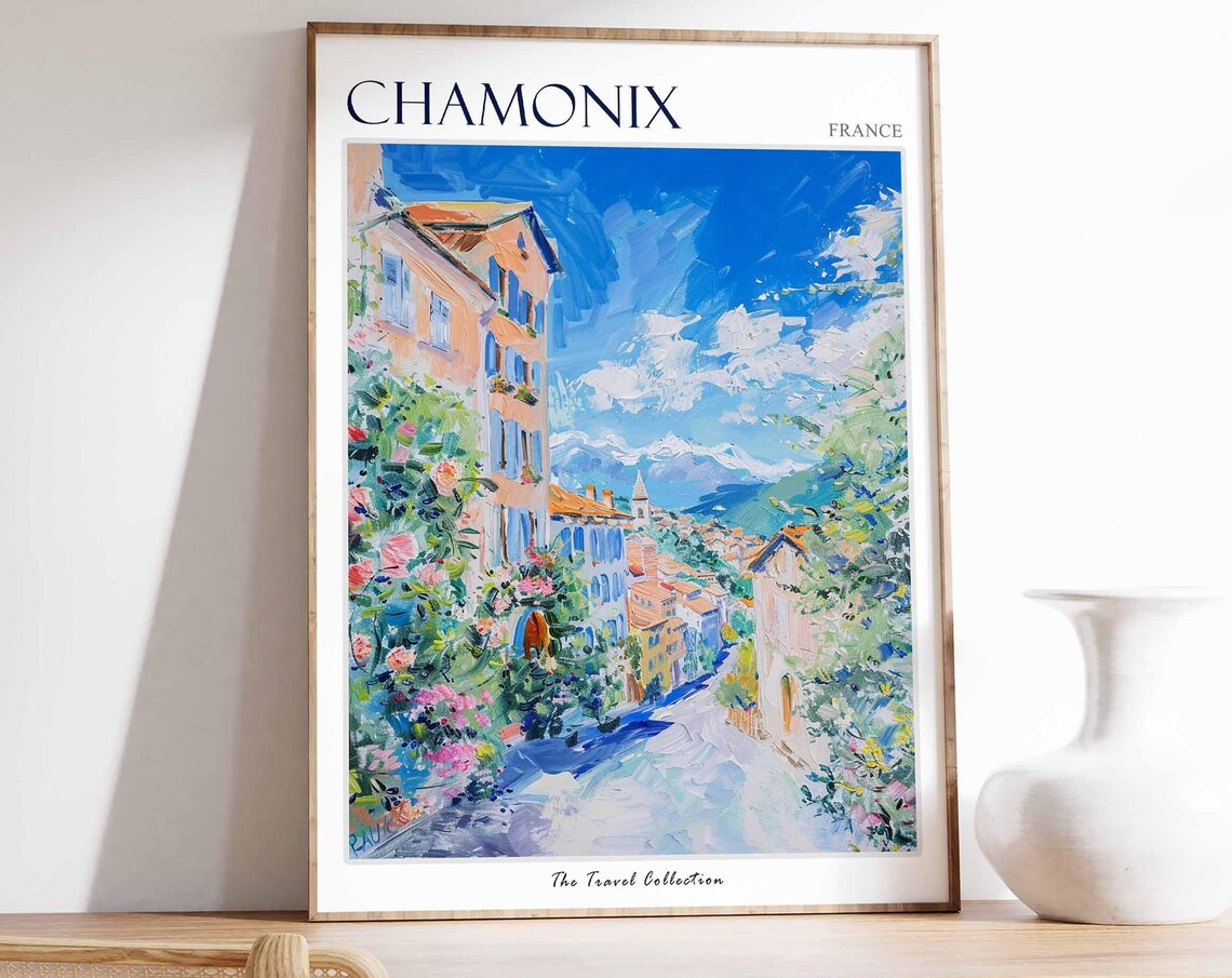 Chamonix France Alpine Street Snow Capped Mountains Travel Poster