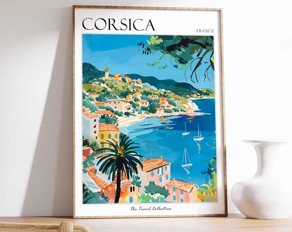 Corsica France Palm Trees Coastal Village Sailboat Bay Poster