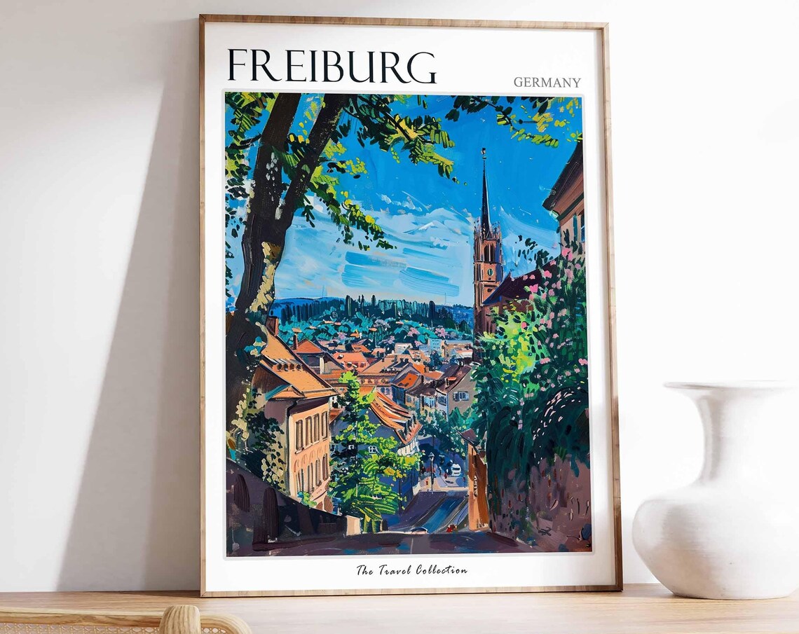 Freiburg Germany Hillside Rooftops Church Spire Travel Poster