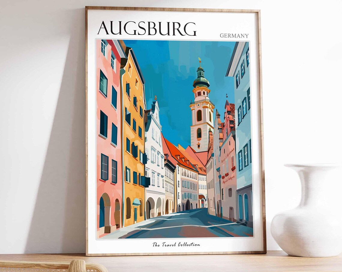 Augsburg Germany Historic Old Town Street Church Tower Poster
