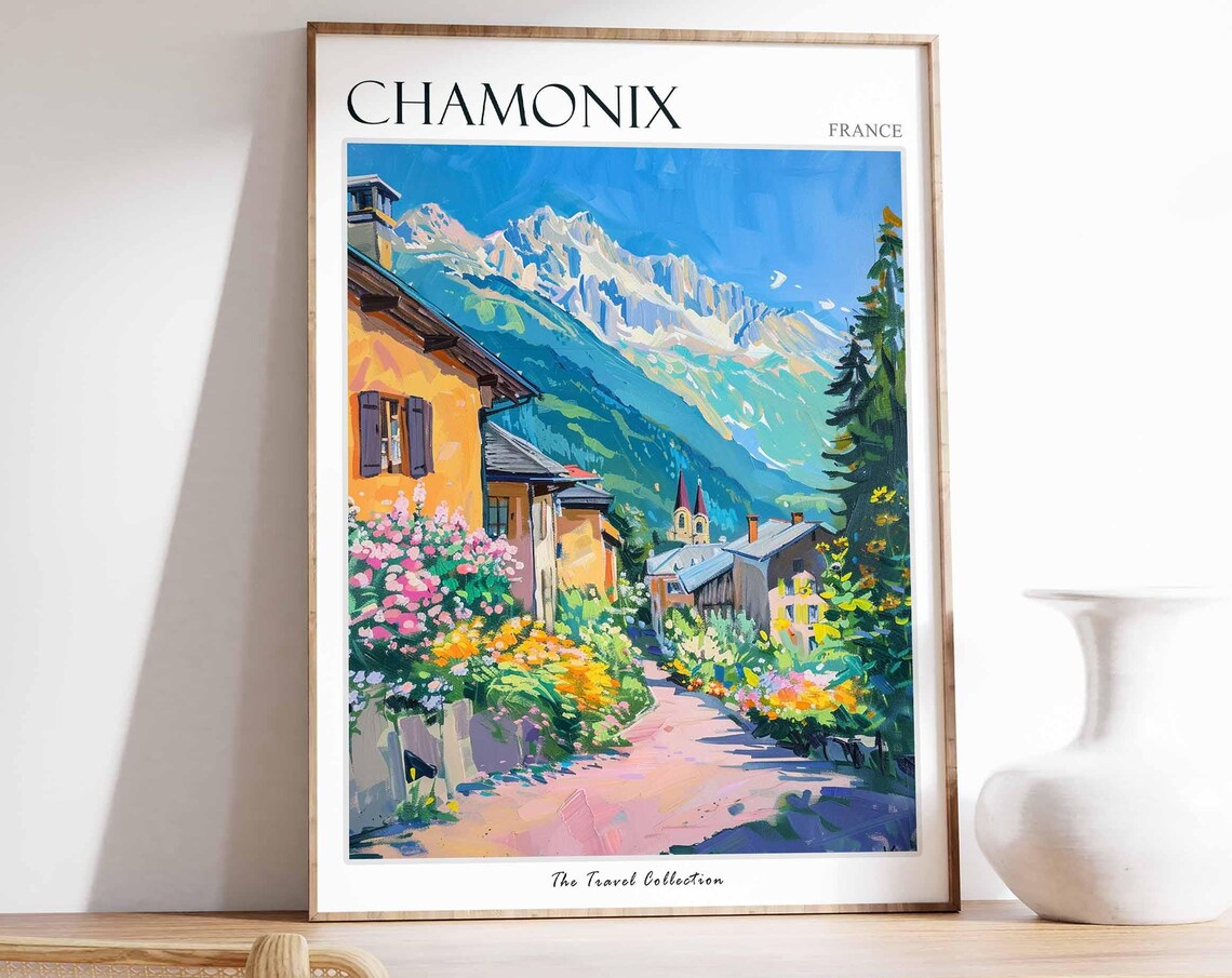 Chamonix France Alpine Village Snowy Peaks Colorful Chalets Poster