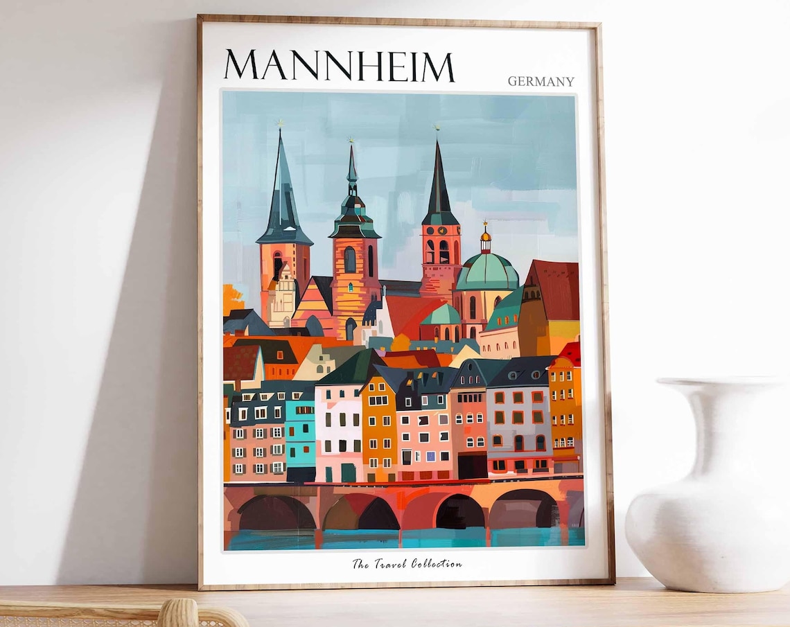 Mannheim Germany River Bridge Church Towers Cityscape Poster