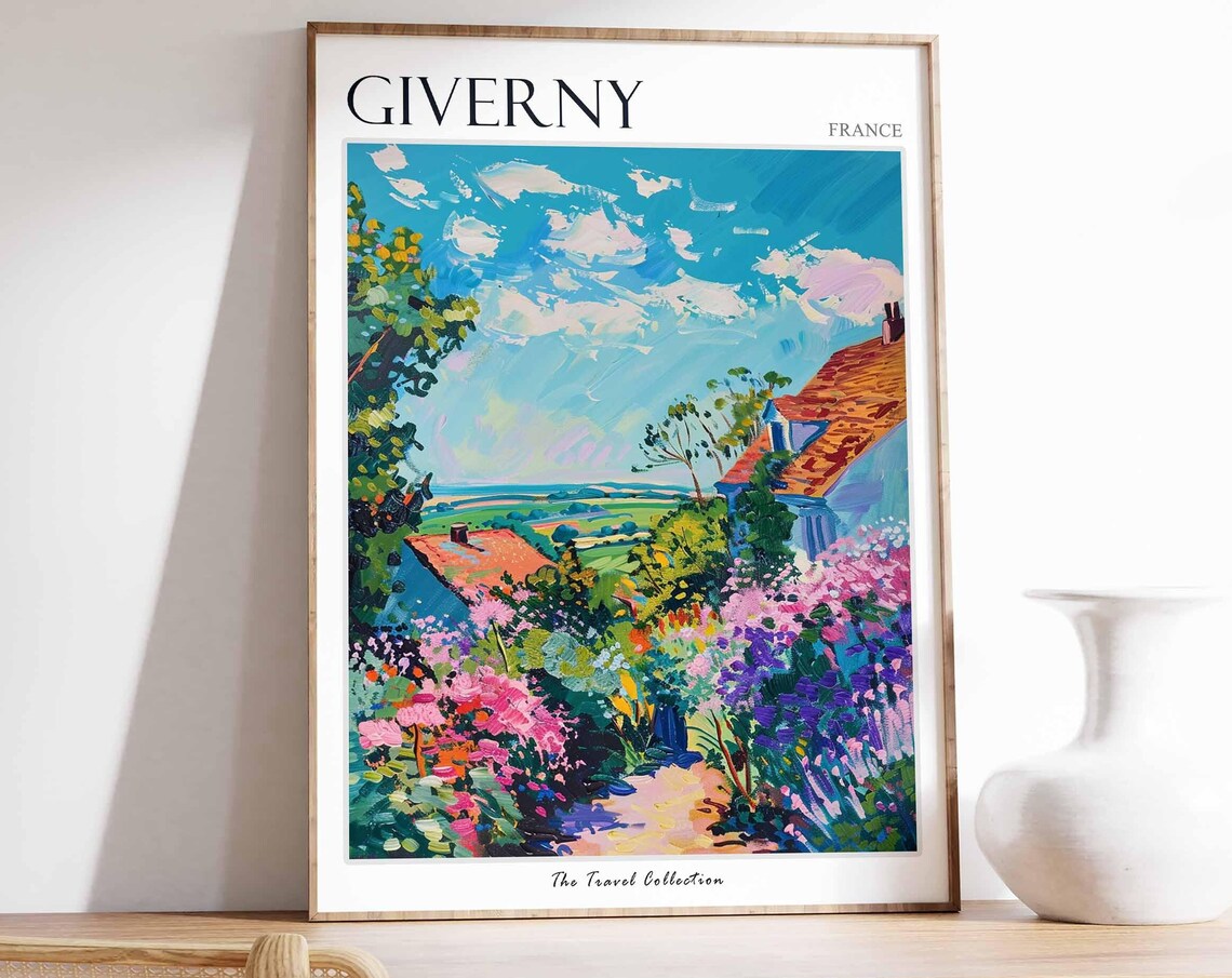 Giverny France Garden Flowers Hillside House Colorful Travel Poster