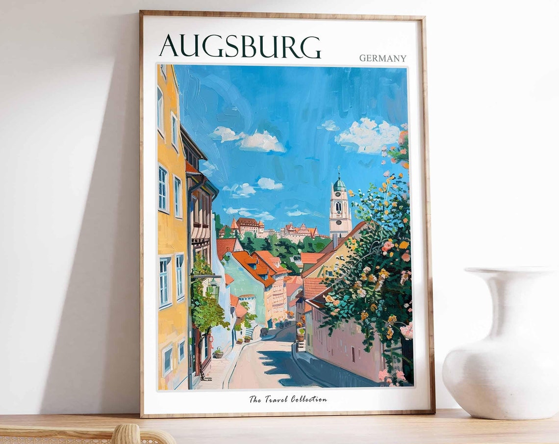Augsburg Germany Sunny Lane Red Rooftops Church Tower Travel Poster