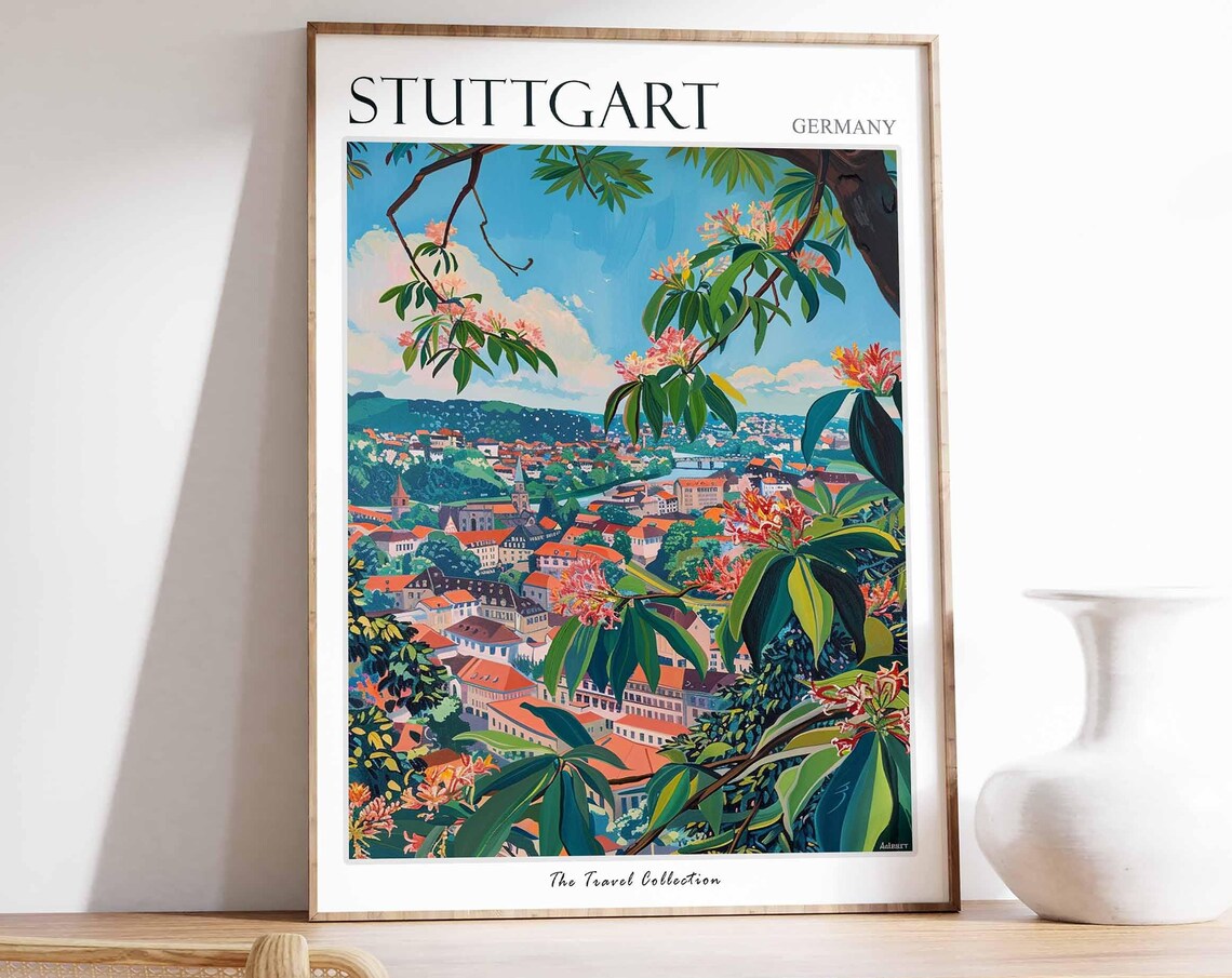 Stuttgart Germany Lush Green Floral City Panorama Travel Poster