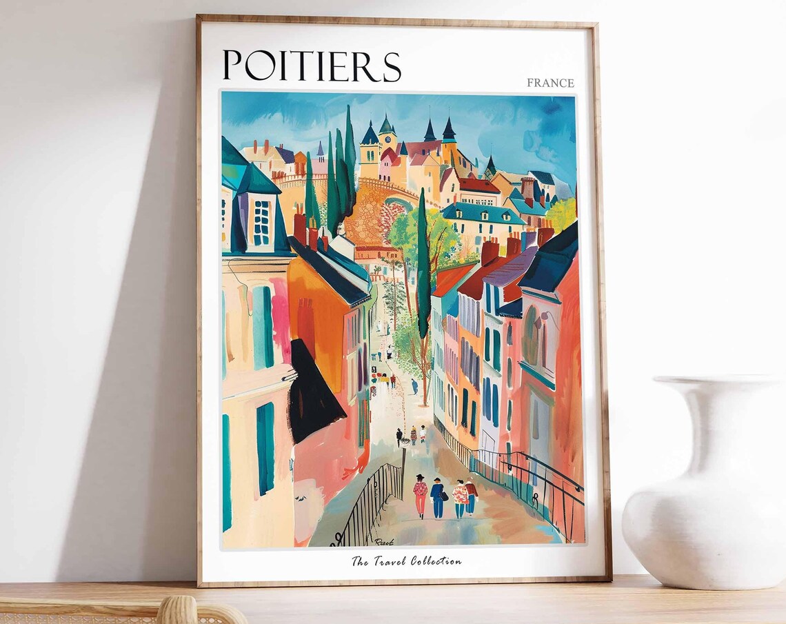 Poitiers France Colorful Steep Old Street Hilltop Church Poster