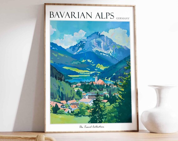 Bavarian Alps Poster Germany Travel Print German Decor Europe Travel Poster European Wall Art Bavarian Alps Travel Poster
