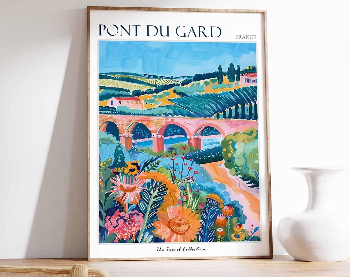 Pont du Gard France Wildflower Meadow Arches Painting Travel Poster