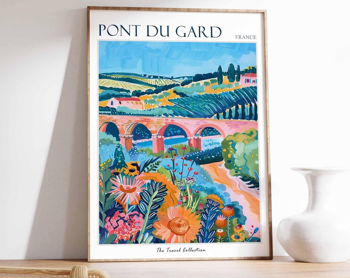 Pont Du Gard Poster France Travel Print French Decor Europe Travel Poster European Wall Art Botanical Print Pont Du Gard Travel Poster