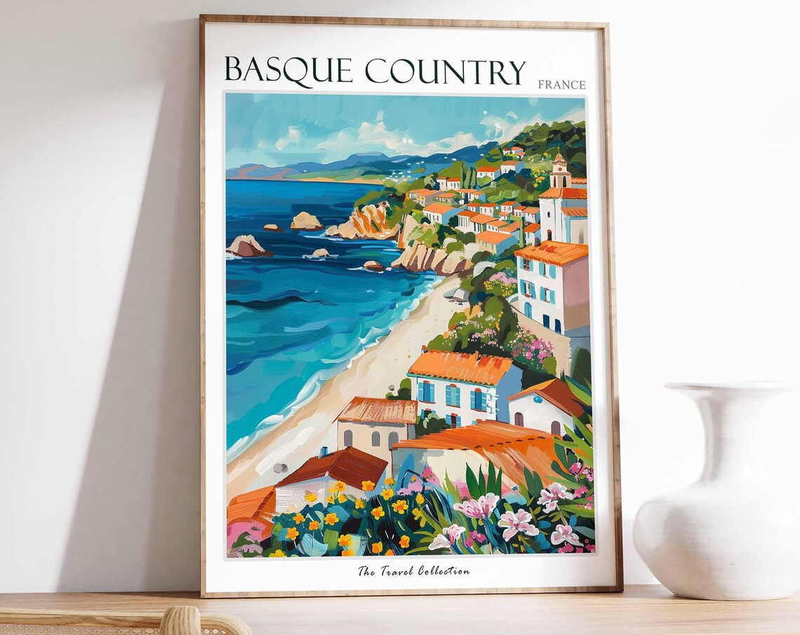Basque Country France Coastal Village Sandy Beach Travel Poster