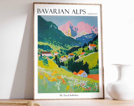 Bavarian Alps Poster Germany Travel Print German Decor Europe Travel Poster European Wall Art Bavarian Alps Travel Poster