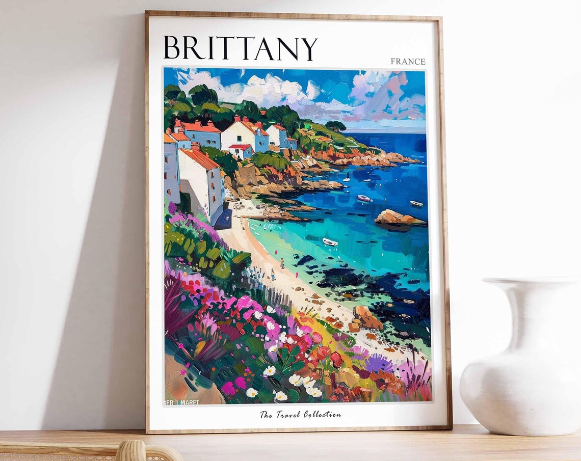 Brittany France Rocky Cove Beach White Houses Wildflower Poster