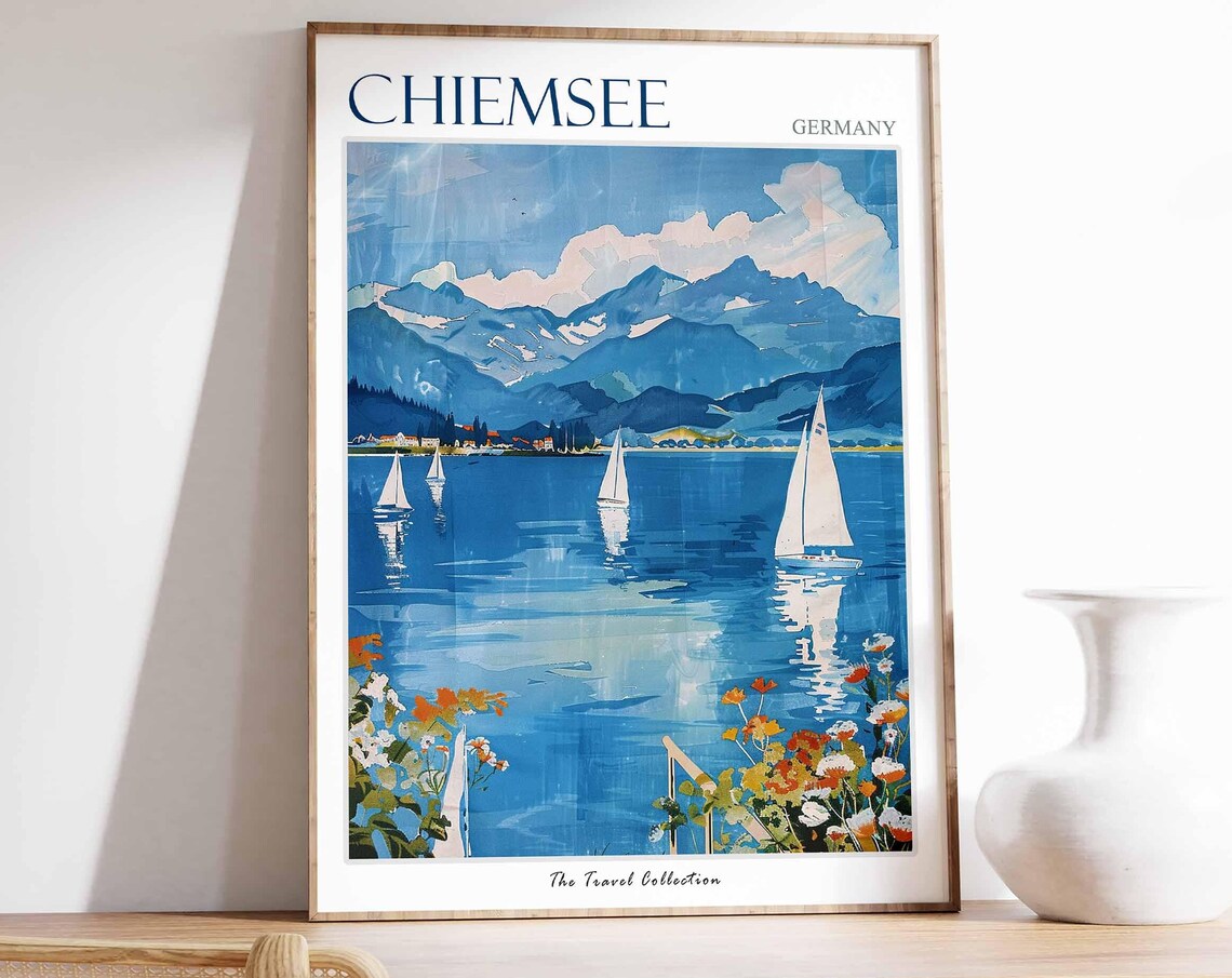 Chiemsee Germany Sailboats Lake Mountains Floral Travel Poster