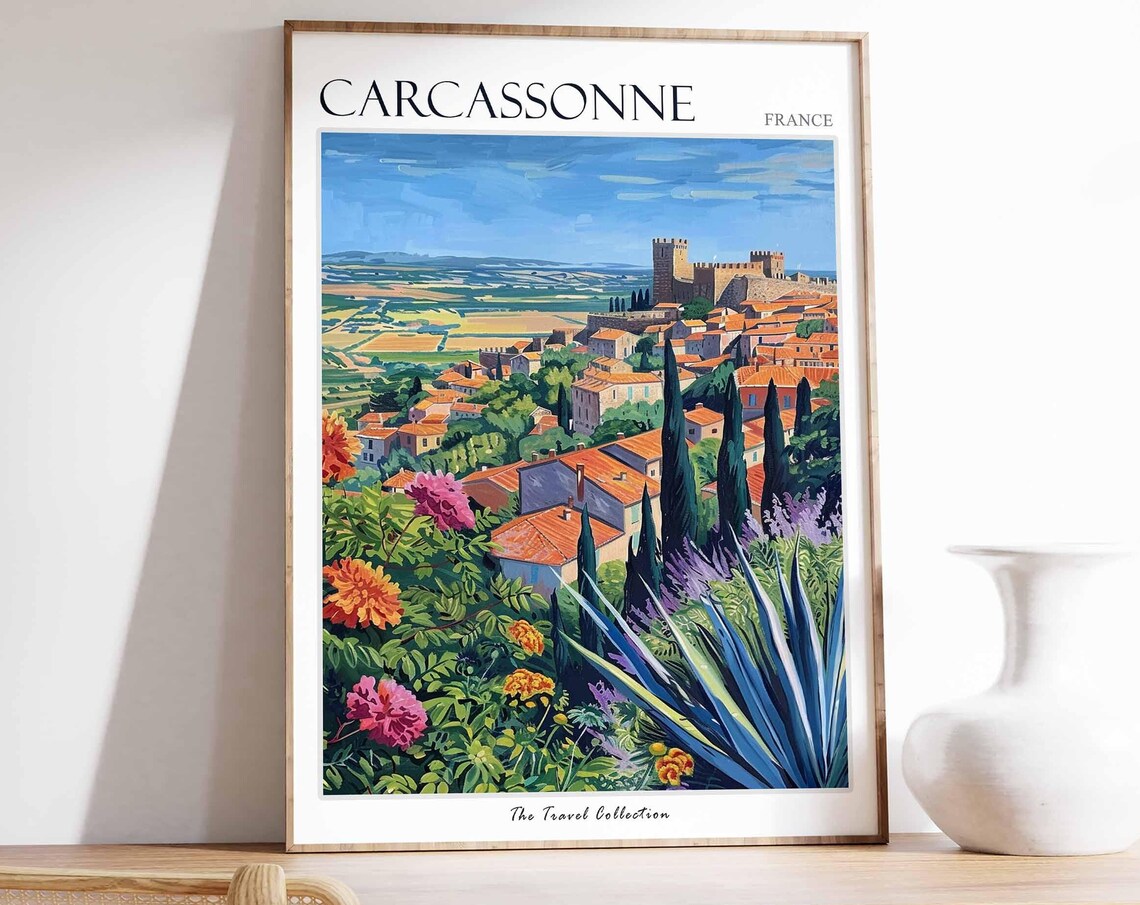 Carcassonne France Medieval Citadel Walled Town Flowers Travel Poster